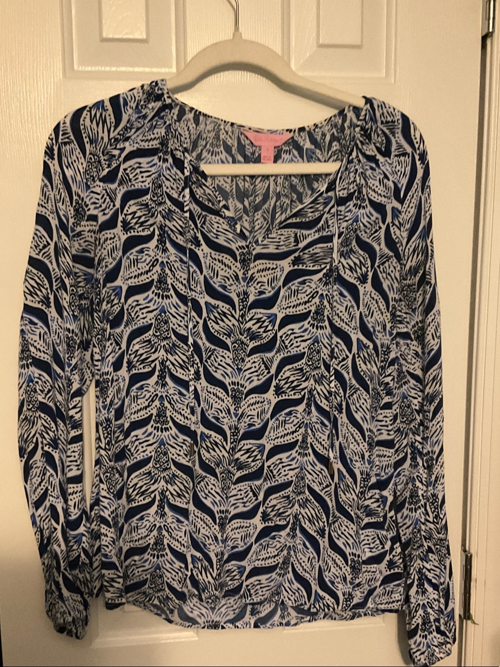 Lilly Pulitzer Navy and White Printed Long-Sleeve Blouse
